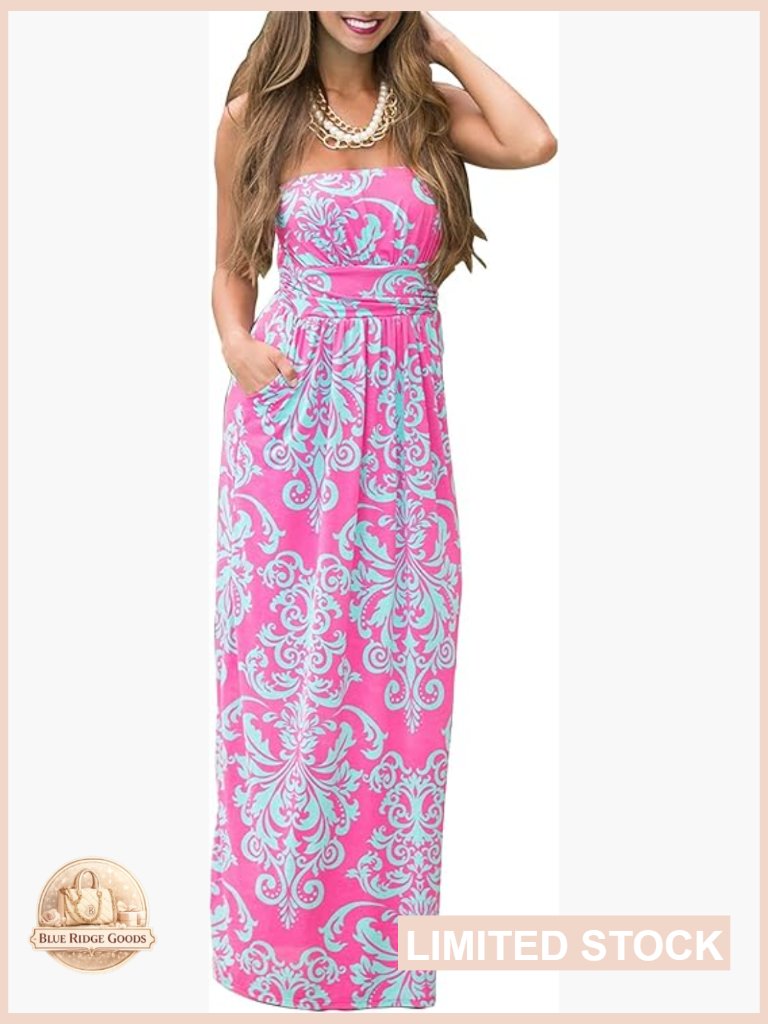 Boho Floral Maxi Dress Strapless Tube Top Floor Length Side Pockets